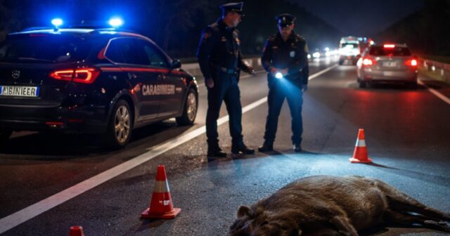 Cinghiale investito nella notte sulla SS80 verso Teramo Cinghiale investito nella notte sulla SS80 verso Teramo