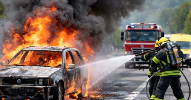 Incendio di un'auto sulla SS80: intervento dei vigili del fuoco