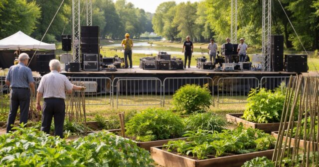 Teramo, montaggio palco per il festival ILGIUGNO sugli orti per anziani Teramo, montaggio palco per il festival ILGIUGNO sugli orti per anziani
