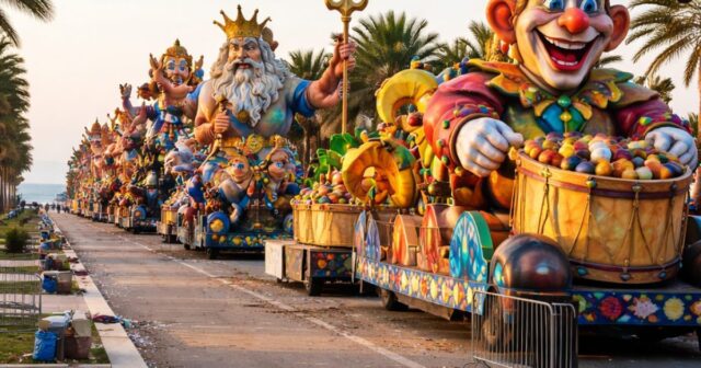 I carri allegorici rimangono sul lungomare dopo il Carnevalba I carri allegorici rimangono sul lungomare dopo il Carnevalba