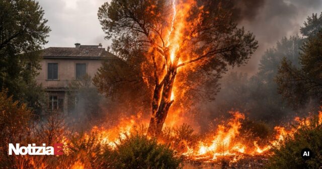 Incendio ad Orsogna causato da un fulmine che colpisce un albero