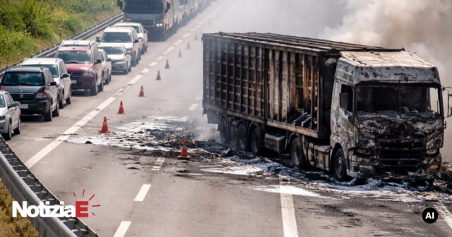 Incendio di un camion sull'A14, carreggiata Nord ancora chiusa Incendio di un camion sull'A14, carreggiata Nord ancora chiusa