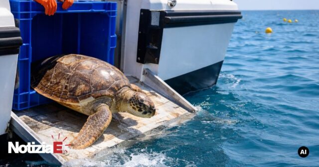La tartaruga marina "Sobek" liberata in mare dopo il recupero La tartaruga marina "Sobek" liberata in mare dopo il recupero