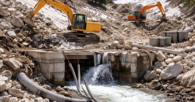 Prati di Tivo: lavori in corso per ripristinare la presa dell'acqua danneggiata dalla valanga Prati di Tivo: lavori in corso per ripristinare la presa dell'acqua danneggiata dalla valanga