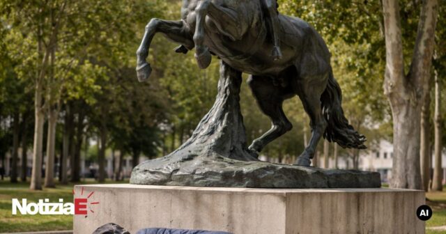 Una persona dorme ai piedi del Cavallo di Crocetti: una scena che invita alla riflessione Una persona dorme ai piedi del Cavallo di Crocetti: una scena che invita alla riflessione