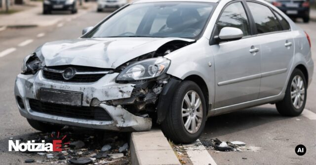 Incidente stradale su via Po con auto danneggiata